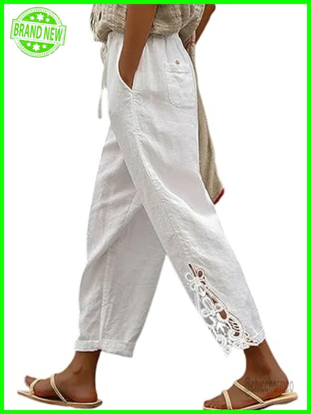 Women's Casual Lightweight Cotton Capri Pants with Lace Detail and Pockets